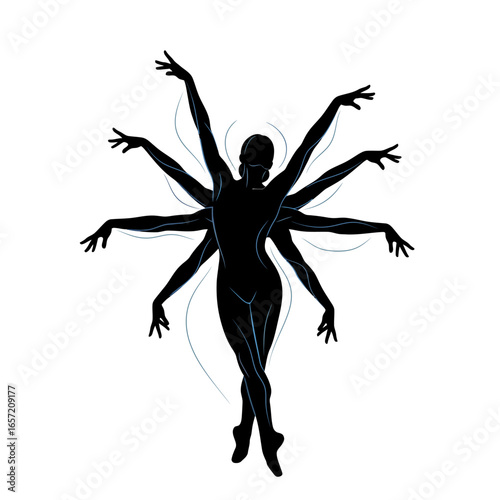 Silhouette of a graceful dancer with multiple arms in a dynamic pose, artistic representation.