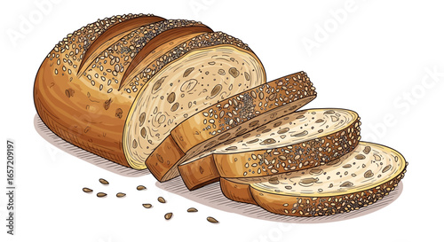 A detailed illustration of a partially sliced loaf of rustic seeded bread on a white background.