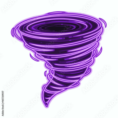Stylized purple tornado with swirling neon outlines wide at top narrowing base on a white background