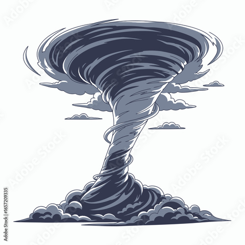 Stylized grey and dark blue tornado swirling into a cloud mass with small clouds in a white sky
