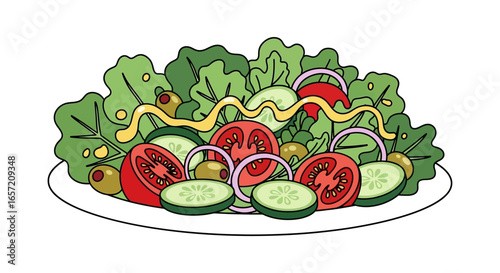 A colorful cartoon illustration of a fresh garden salad with tomatoes, cucumbers, onions, and dressing on a white plate.