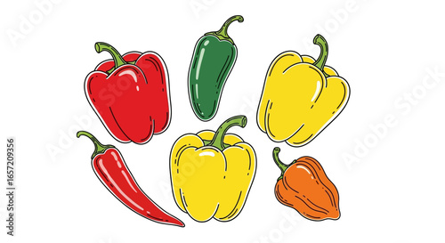 A detailed illustration showcasing a variety of colorful peppers, including bell peppers and chili peppers.
