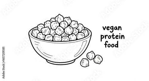 A hand-drawn black and white illustration of a bowl full of chickpeas, a vegan protein food source.
