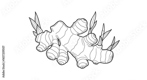 Detailed black and white illustration of a fresh ginger root with leaves.