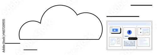 Large cloud outline next to software dashboard interface with charts, play button, and analytics tools. Ideal for cloud storage, data analysis, technology, web services, networking, virtual support