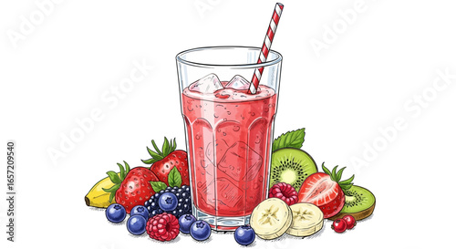 A vibrant illustration of a refreshing fruit smoothie with various fresh fruits and ice.