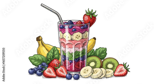 Vibrant layered fruit smoothie with fresh berries, banana, and kiwi, surrounded by healthy ingredients.