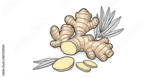 Illustration of fresh ginger root with leaves and slices, a popular spice and ingredient.