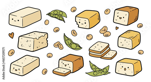 Cute cartoon tofu illustrations with soybeans.