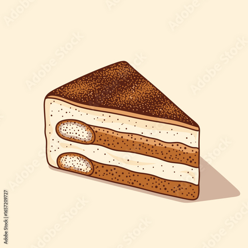 A detailed illustration of a slice of tiramisu cake with layers of cream and coffee-soaked biscuits.
