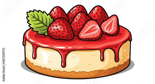 Illustration of a strawberry cheesecake with a mint leaf garnish.
