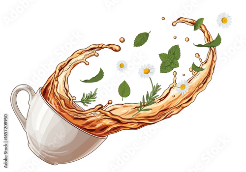 A dynamic splash of herbal tea erupts from a white ceramic cup, with fresh mint, chamomile flowers, and rosemary leaves swirling in the motion.