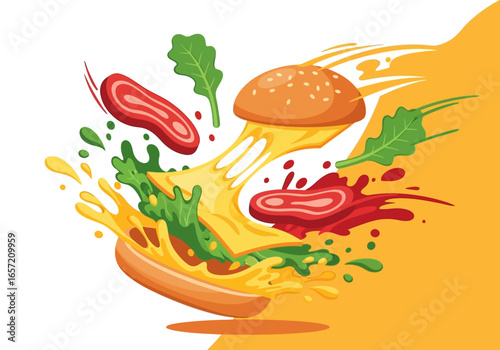 Exploding burger with cheese, lettuce, and tomato in a cartoon vector illustration.