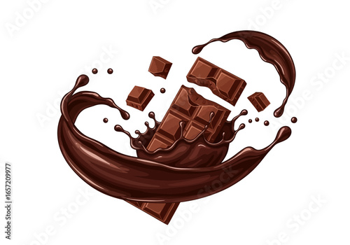 A delicious bar of dark chocolate breaking apart and splashing into rich, melted chocolate.