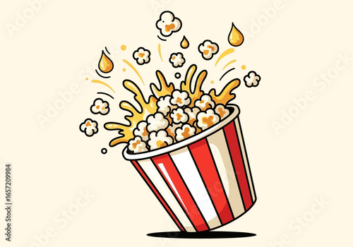 Cartoon illustration of a striped popcorn bucket overflowing with popcorn and butter splashes.