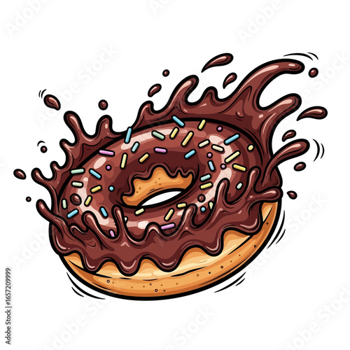 A delicious donut with chocolate glaze and colorful sprinkles in a dynamic splash.