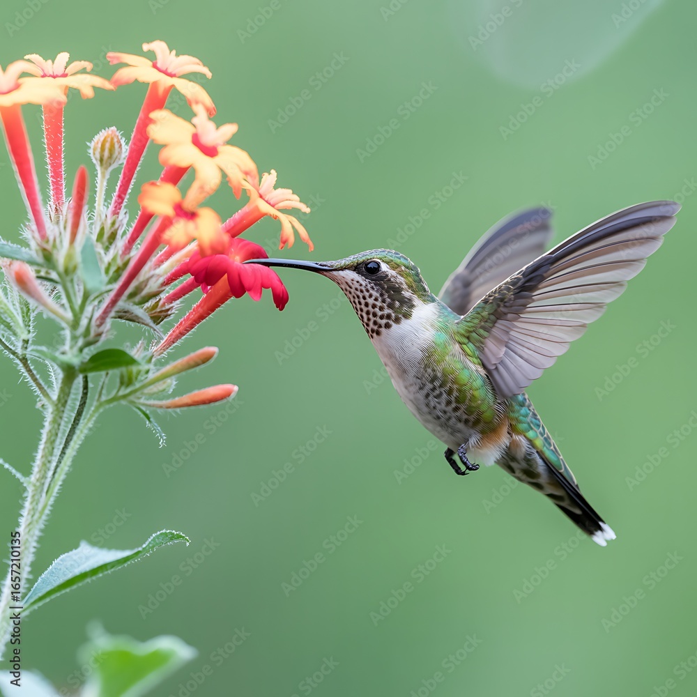 Fototapeta premium Hummingbird sips nectar from orange and red flowers