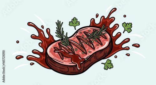 A juicy grilled steak with grill marks, drizzled with barbecue sauce and garnished with fresh rosemary and parsley.
