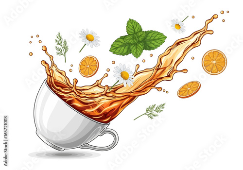 Dynamic splash of herbal tea from a white cup with mint, chamomile, and orange slices.