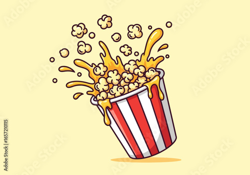 Cartoon illustration of a popcorn bucket with butter overflowing and kernels bursting out.