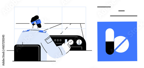 Airline pilot using cockpit controls, with medical pills symbolizing health safety. Ideal for healthcare, aviation, technology, safety, medical advancements, innovation, simple landing page