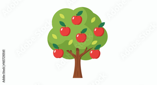 A cartoon apple tree with a vibrant green canopy and a brown trunk bearing six bright red apples and light green leaves
