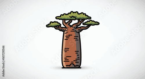 Stylized baobab tree with a stout brown trunk and sparse green foliage against a light gray background