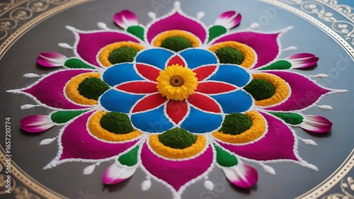 Intricate rangoli with geometric patterns and flowers