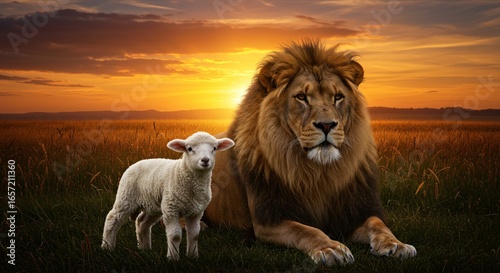Jesus Christ, Lamb of Sacrifice and Lion of Triumph, embodying duality, with lion and lamb in a sunset meadow.