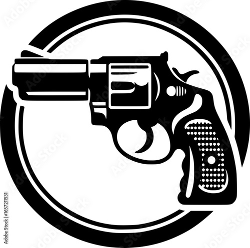 Minimalist black and white vector icon of a revolver gun. Clean, isolated, scalable, perfect for stickers, logos, or digital use.