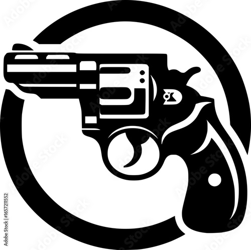 Minimalist black and white vector icon of a revolver gun. Clean, isolated, scalable, perfect for stickers, logos, or digital use.