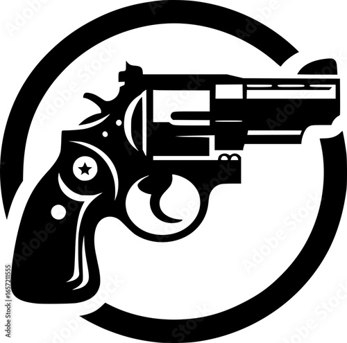 Minimalist black and white vector icon of a revolver gun. Clean, isolated, scalable, perfect for stickers, logos, or digital use.