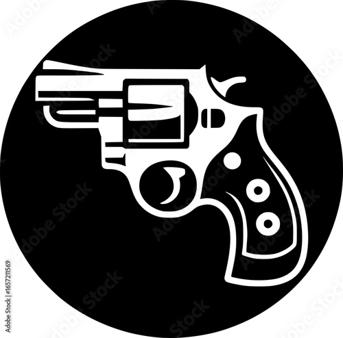 Minimalist black and white vector icon of a revolver gun. Clean, isolated, scalable, perfect for stickers, logos, or digital use.