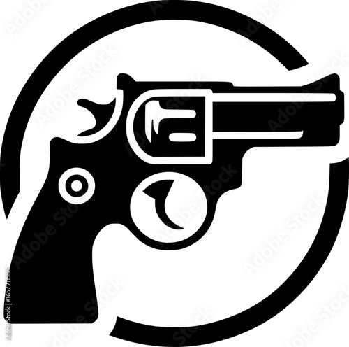 Minimalist black and white vector icon of a revolver gun. Clean, isolated, scalable, perfect for stickers, logos, or digital use.
