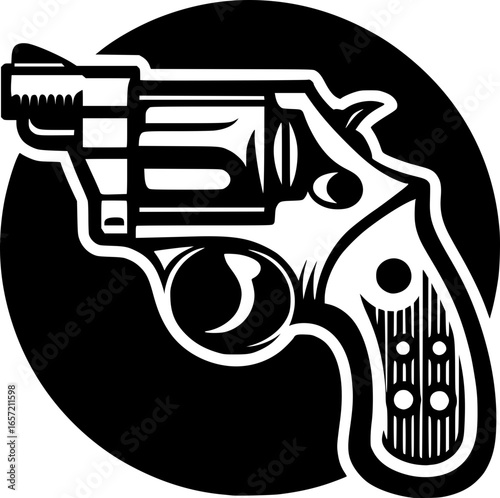 Minimalist black and white vector icon of a revolver gun. Clean, isolated, scalable, perfect for stickers, logos, or digital use.