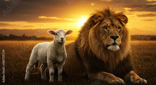 Jesus Christ, Lamb of Sacrifice and Lion of Triumph, embodying duality, with lion and lamb in a sunset meadow.