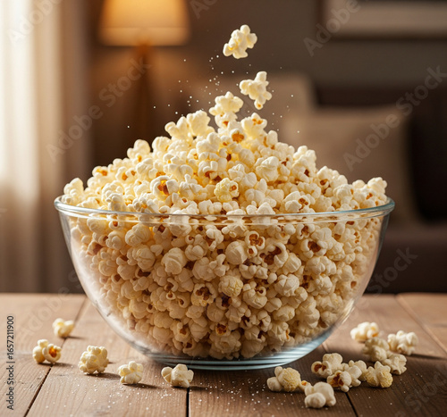 Delicious fluffy popcorn in a glass bowl on a wooden table ready for a movie night snack