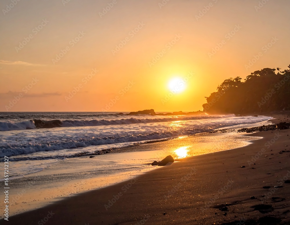 Golden sunset over a dark beach Golden sunset over a dark beach