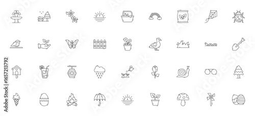 Spring icon set. Vector illustration of spring elements. Includes fountain, park, cherry blossom, picnic, rainbow, butterfly, duck, tulip, Easter egg and more. Editable stroke.