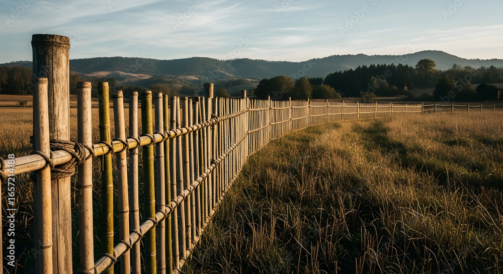 Obraz premium Scenic rural landscape with bamboo fence running through grassy field under clear sky with mountains in the distance perfect for nature outdoor and countryside themes