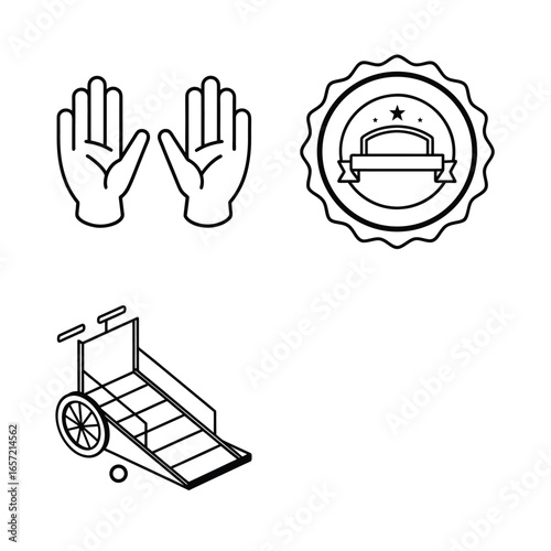 Sign language hands, wheelchair ramp and accessibility badge vector icons set in line art style.