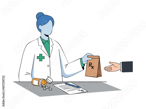 Female pharmacist in a white lab coat with blue hair hands a prescription Rx bag to a patient.