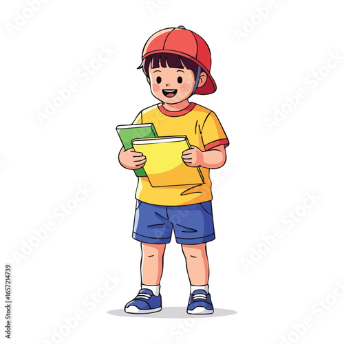 Cheerful cartoon schoolboy wearing a backwards red cap and holding two colorful books.