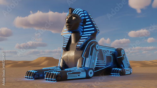 Futuristic sphinx in the desert with glowing blue lines and modern design