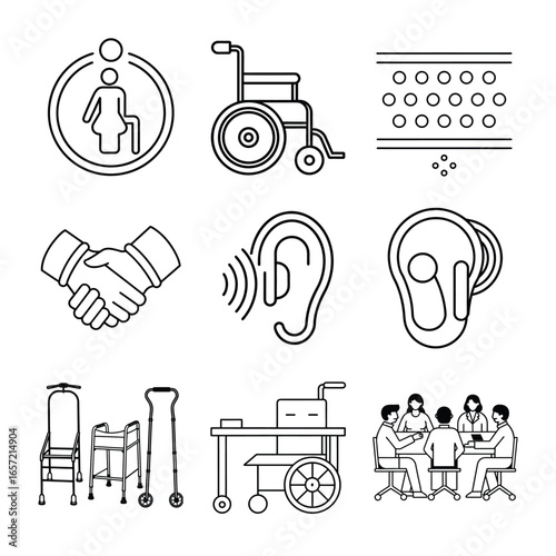 Hearing aid, Hearing loop, sound waves, braille, sign language, assistive glove.