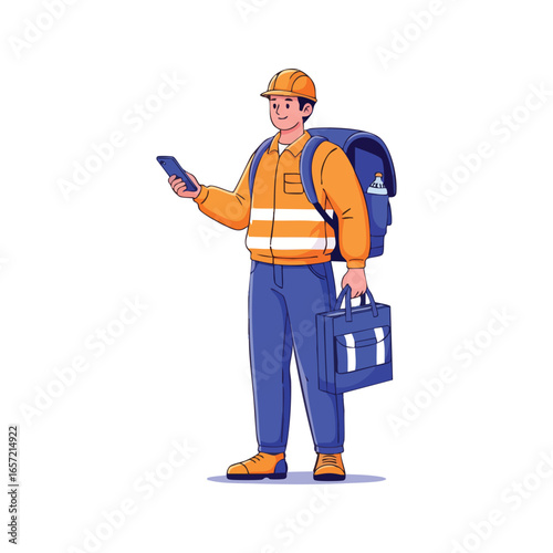 Skilled worker in orange jacket and hard hat holding smartphone and briefcase.