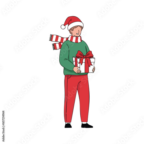Cheerful Young Man in Green Sweater and Santa Hat Holding a Gift.