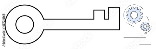 Minimalistic design of a key merging with gear mechanisms. Ideal for innovation, technical solutions, problem solving, security, process improvement, creativity, and unlocking potential in a simple
