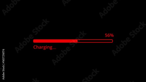 Bettery icon, charging battery indicator with black screen background, 4k Animation, Progress loading bar indicator from 0 to 100 increasing percentage. 