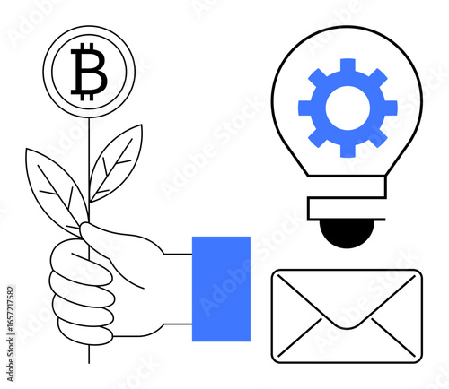 Hand nurturing plant with Bitcoin, gear inside light bulb for innovation, envelope for communication. Ideal for cryptocurrency, sustainability, technology, growth, investment, messaging creative